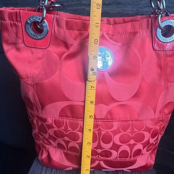 Coach Crimson Orange Signature Nylon ToteBag Leather Trim/Hangtag + Dust Bag 12” - Picture 15 of 16